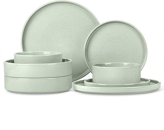 Herogo 8 Piece Plates and Bowls Set, Kitchen Dinnerware Sets with Pasta Bowls, Dinner Ware Dishes Service for 2, Chip & Scratch Resistant Porcelain Kitchen Dishware, Speckled Light Green
