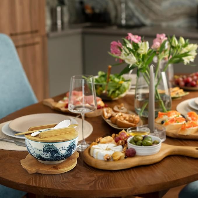 XWORLD Japanese Ceramic Ramen Noodle Bowls Set with Ceramic Spoon, Bamboo Chopsticks, Lid & Trivet, Serving Capacity of 33.8 OZ, Microwavable Oven Safety (3.3” x 6.6” D) (Blue Sea)