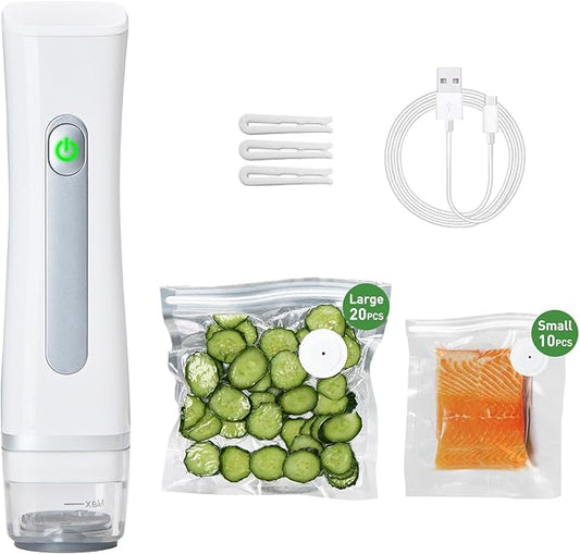 Vacuum Sealer For Food,Powerful Handheld Vacuum Sealer Machine With 30 Reusable Vacuum Bags,Portable Food Sealer,Automatic Power Off White