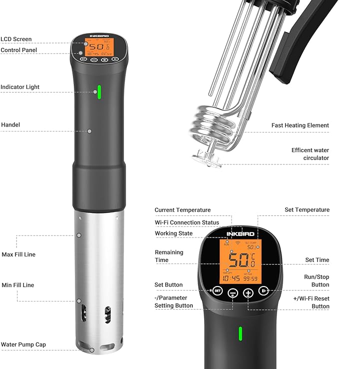 INKBIRD Wifi Sous Vide Cooker, 1000W Sous Vide Machine, Remote Control Immersion Circulator with APP Recipes Timer Alarm Mobile Notification 3D Water Heating Ultra-Quiet