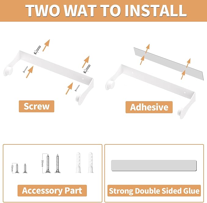 Paper Towel Holder Under Cabinet, White Kitchen Accessories Decor, Wall Mount, White Paper Towel Holder for Bathroom, Stainless Steel, Adhesive or Screws