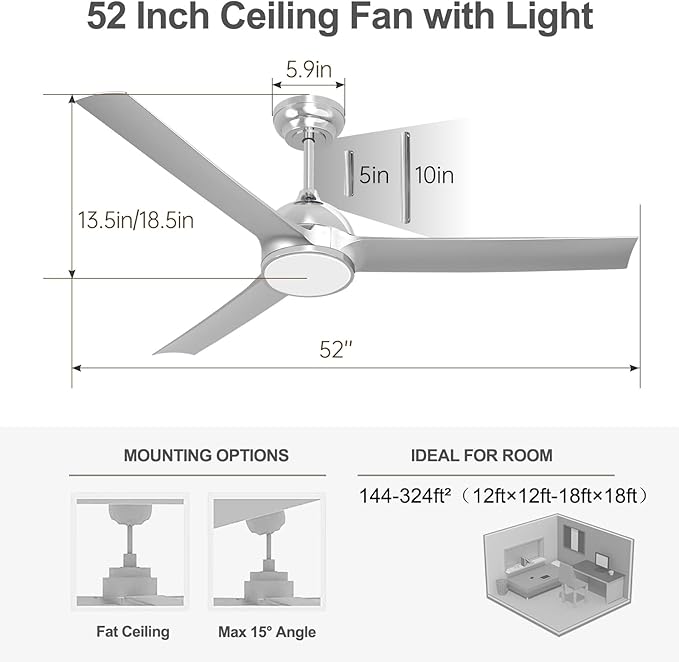52 Inch Modern Silver Ceiling Fan with Lights Remote Control, Quiet DC Motor/Dimmable 3 Color LED/6 Speed High CFM/3 Blade Indoor Ceiling Fans for Bedroom/Living Room