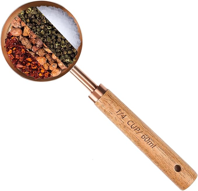 Measuring Cup with Wooden Handle, 1/4 Cup Titanium-plating 60 Ml Stainless Steel, Rose Gold