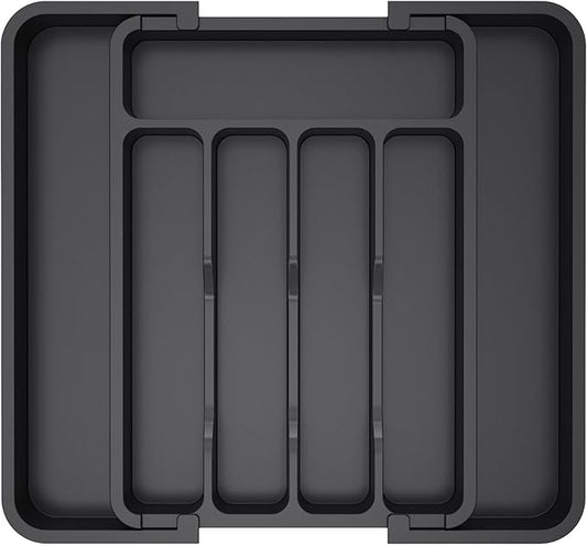 Lifewit Medium Silverware Drawer Organizer, Expandable Utensil Tray for Kitchen, BPA Free Flatware and Cutlery Holder, Adjustable Plastic Storage for Spoons Forks Knives, Black