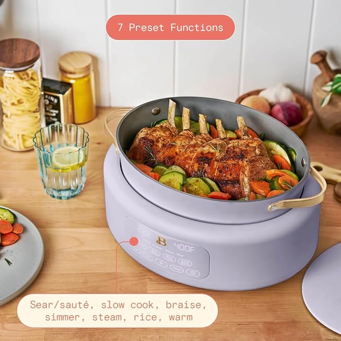 Beautiful 10-in-1 6Qt Electric Multi-Cooker with 7 Presets,Oven-Safe Pot & Lid,Sauté, Steam,Slow Cook,Slow Cooker, Simmer,Rice & More,Touch Display,Dishwasher Safe,Serves Up to 7(Lavender)