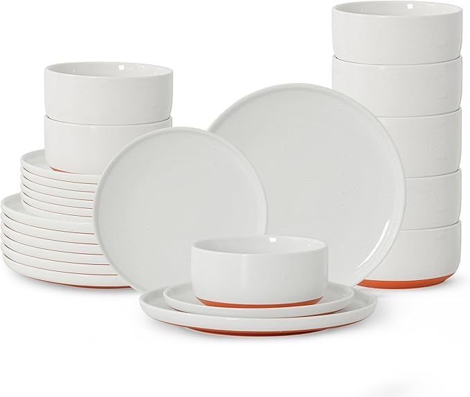 24 Piece Ceramic Dinnerware Set for 8, Modern Minimalist Stoneware Dinner Plates and Bowls, Microwave Safe, Dishwasher Safe, Versatile for All Seasons, Stardust Glaze White