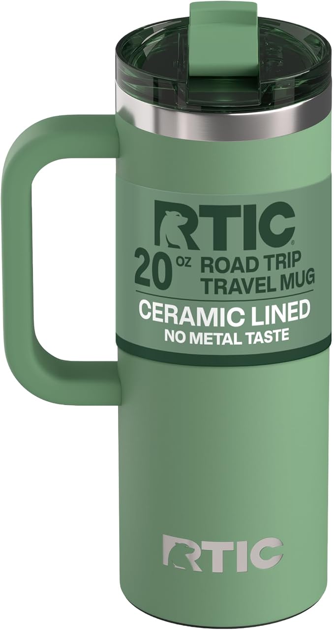 RTIC 20oz Road Trip Travel Mug with Lid and Handle, Ceramic Lined, Insulated, Stainless Steel, Metal, Double Wall Vacuum-Insulation, Portable Coffee, Tea Cup for Hot and Cold Drink, Sage