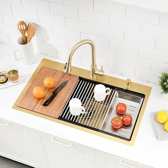 Gold Kitchen Sink, 33x19 Stainless Steel Drop in Kitchen Sink Workstation Single Bowl 16 Gauge Handmade Deep Basin