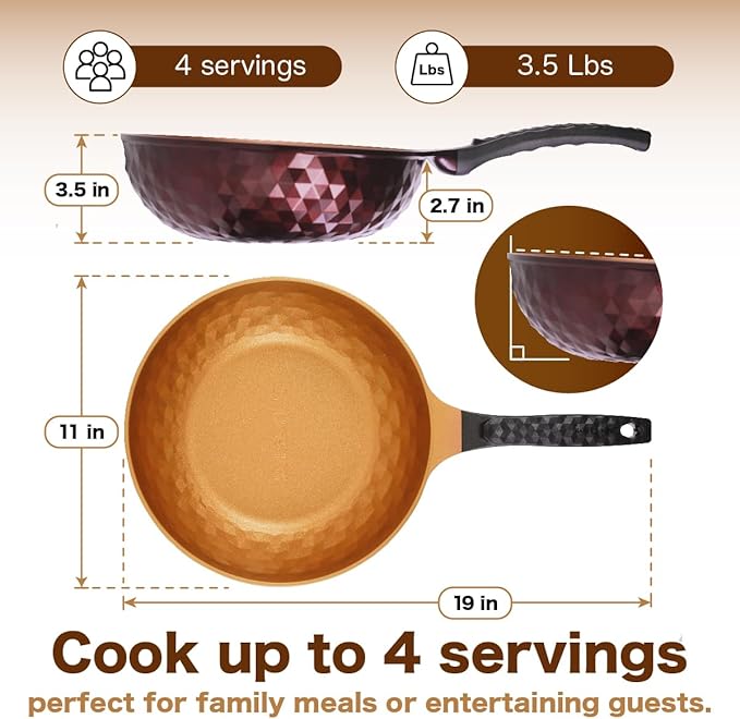 Diamond X Premium Non Stick Wok Pan with Lid - 11" Large Flat Bottom Chinese Wok - Woks & Stir-fry Pans Nonstick - Titanium-Coated 8-Layered Korean Engineered Skillet for Frying, Oil-Free, PFOA-Free