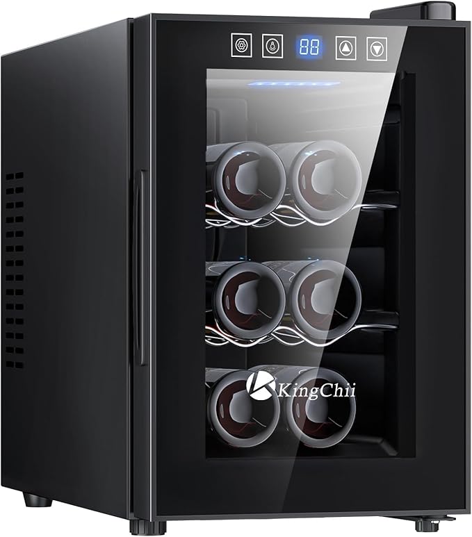 KingChii 6 Bottle Thermoelectric Wine Cooler Refrigerator Advanced Cooling Technology, Stainless Steel & Tempered Glass For Red Wine, Champagne for Home, Kitchen, or Office