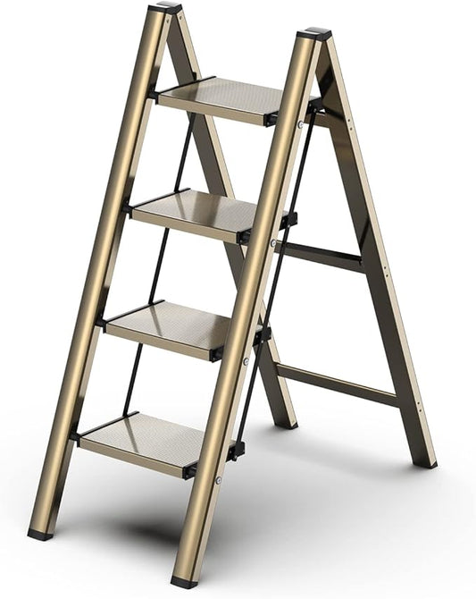 GameGem 4 Step Ladder, Aluminum Folding Step Stool with Anti-Slip Sturdy and Wide Pedal, Lightweight Portable Stepladder for Home and Kitchen Use, Gold, 330 lbs