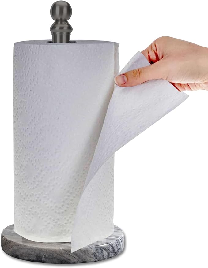 Black Paper Towel Holder Countertop with Heavy Marble Base, Standing Paper Towel Roll Holder for Kitchen Bathroom, with Weighted Base for One-Handed Operation