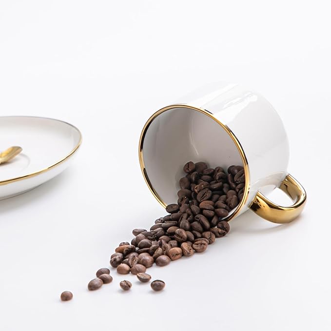 Tea Cups and Saucers with Gold Trim, 6.76 Ounce White Porcelain Tea Set & Coffee Cups for Latte, Cafe Mocha, Tea-Set of 4,Porcelain Mugs for Kitchen or Cafe(white and gold)