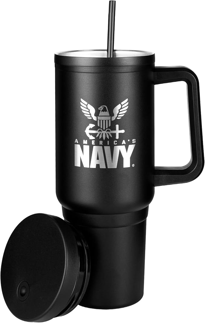 Navy 40oz Insulated Tumbler with Handle, Lid & Straw - USN Gifts - Use for Water, Tea, Coffee -Disabled Vet Owned Small Business-Navy 40oz Tumbler