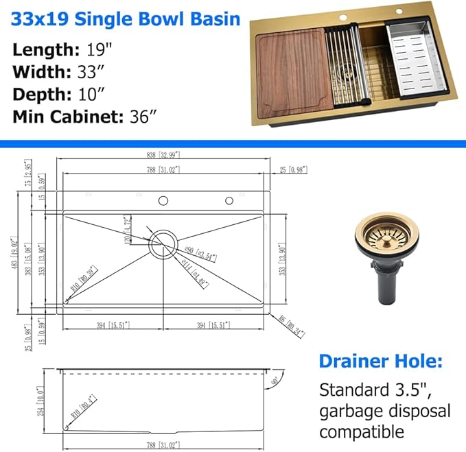 Gold Kitchen Sink, 33x19 Stainless Steel Drop in Kitchen Sink Workstation Single Bowl 16 Gauge Handmade Deep Basin
