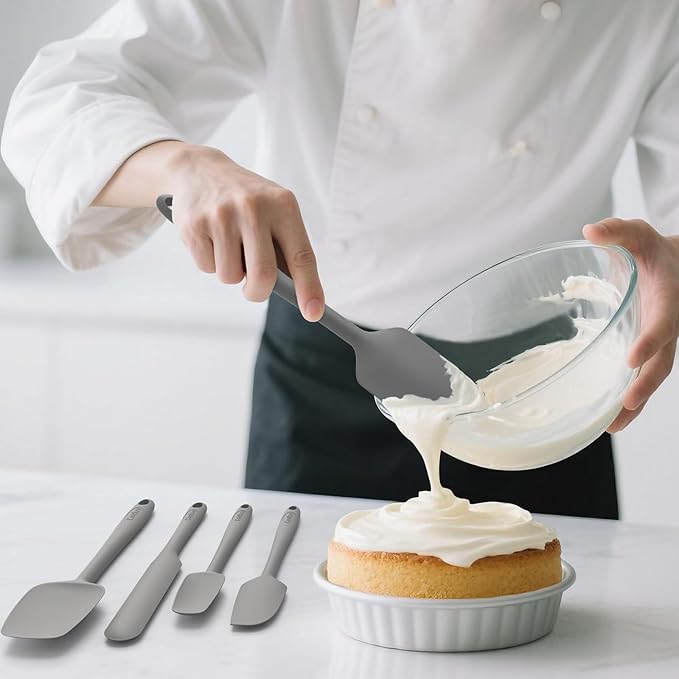 Coukre Silicone Spatula Set of 5,High Heat Resistant, Food Grade Silicone, Upgraded Extended Reinforced Handle,Dishwasher Safe, for Baking, Cooking (Pure Gray, Solid color)