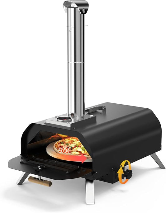 12 inch Outdoor Pizza Oven, Wood Pellet Pizza Ovens with 360° Rotating Pizza Stone, Outside Portable Pizza Stove, Tabletop Pizza Oven for Backyard, Camping, Patio, black