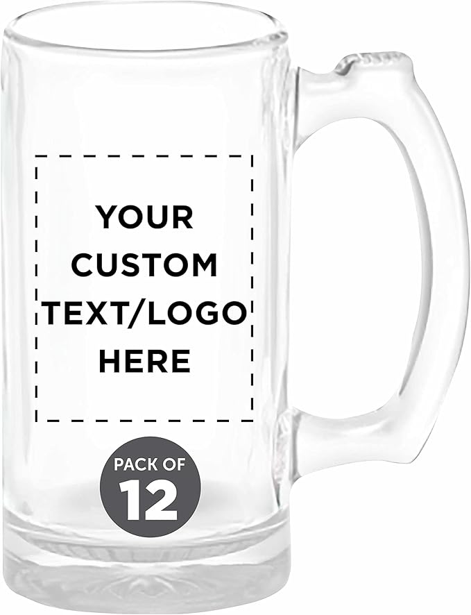 12 Libbey Beer Mugs Set, 12 oz. - Customizable Text, Logo - Groomsmen Glassware - Clear