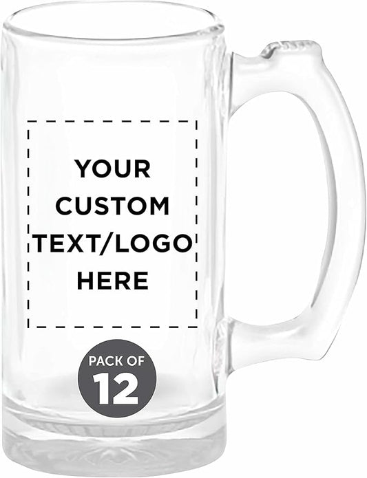 12 Libbey Beer Mugs Set, 12 oz. - Customizable Text, Logo - Groomsmen Glassware - Clear