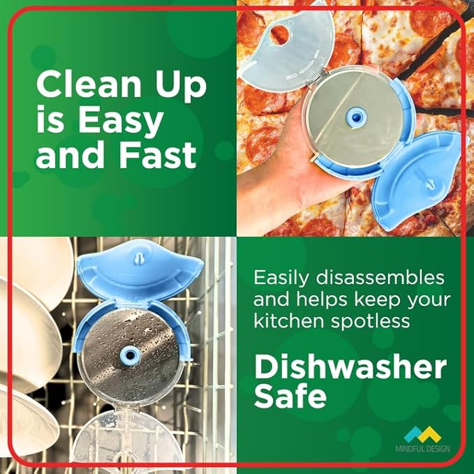 Mindful Design Pizza Cutter Wheel with Protective Blade Cover, Easy to Clean and Dishwasher Safe Ergonomic Pizza Slicer (Blue)