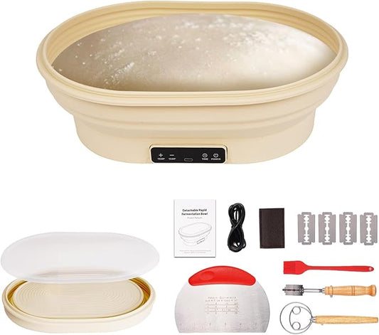 4L Heating Bread Proofing Basket Set Foldable Thermostatic Silicone Bowl with 77-122℉ 6 Gears Temperature & 6H Timer, for Artisan Baking Sourdough Starter Bread Making Supplies Tools Kit
