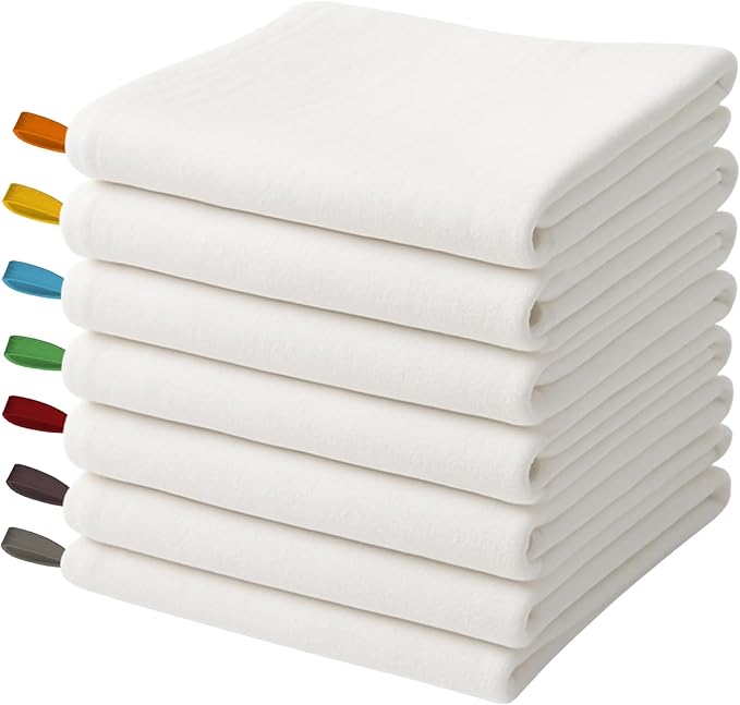 Flat Flour Sack Towels 100% Cotton Dish Towel Reusable Baking Cloth for Bread Dough, Baguettes, Ciabatta, Machine Washable, Kitchen Towels for Cleaning (White, 18"x28" - Pack of 7)