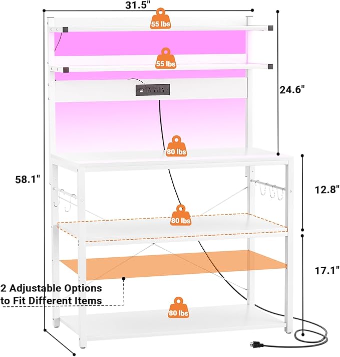 Aheaplus Bakers Rack with Power Outlet, Microwave Stand, 5 Tiers Coffee Bar Station with Led Lights, Kitchen Storage Shelf with 6 S-Shaped Hooks, Kitchen Rack Coffee Bar Stand, White