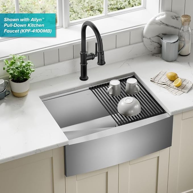 KRAUS Kore 27-Inch Farmhouse Workstation 16 Gauge Stainless Steel Kitchen Sink with Accessories, KWF210-27