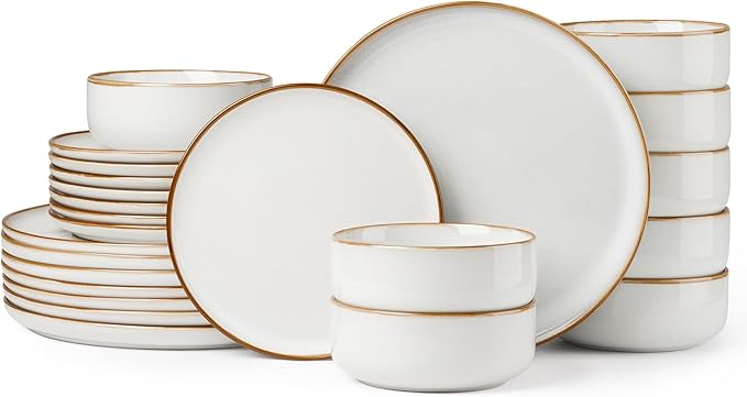 Herogo 24 Pieces Stoneware Dinnerware Dishes Set for 8, Kitchen Handmade Dining Plates and Bowls Sets, Double Reactive Glaze, Microwave & Dishwasher Safe, Scratch Resistant, Ivory White
