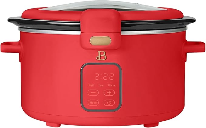 Beautiful 4-Qt Programmable Slow Cooker with Hinged Locking Lid & Touch Display – 3 Heat / 4 Timer Settings (Tomato Red)