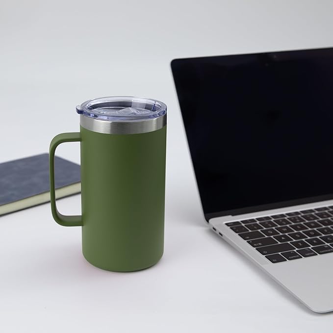DOMICARE 24oz Mug with Handle and Lid, Stainless Steel Coffee Mug, Travel Mug with Handle, Double Wall Vacuum Coffee Tumbler, Reusable Insulated Cup, Army Green, Pack 4