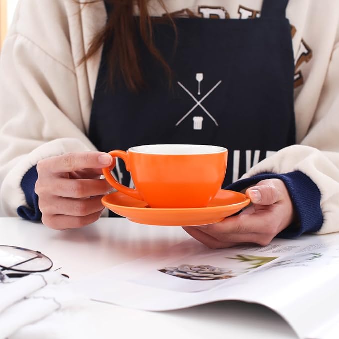 Americano Cup and Saucer Latte Art & Cappuccino for Barista (Matte Orange, 8.5 oz)