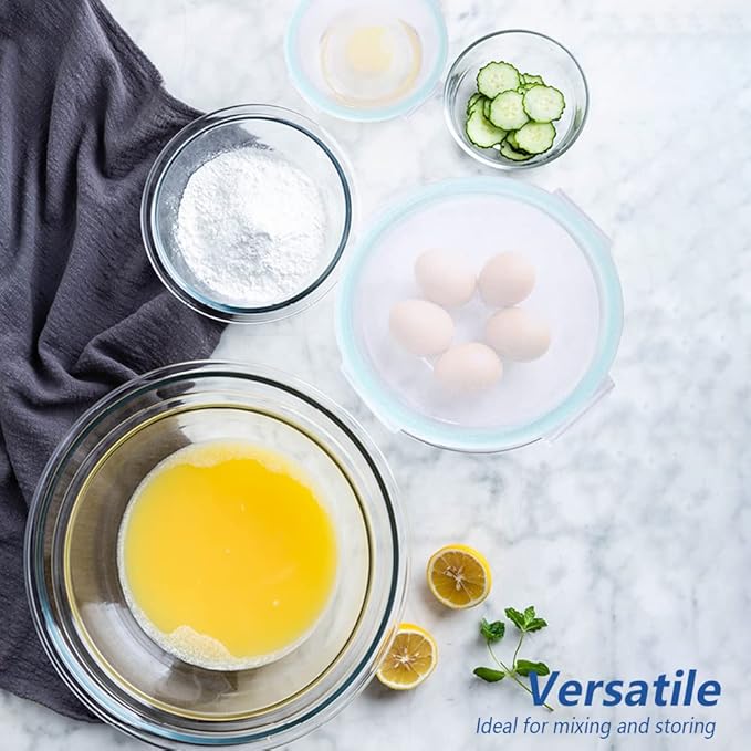 Luvan Glass Mixing Bowl with Lids Set of 5(0.2QT, 0.5QT, 1.1QT, 2.1QT, 3.75 QT), Space-Saving Nesting Bowls Anti-slip Salad Bowls for Storage, Cooking, Microwave,Freezer,Oven and Dishwasher Safe