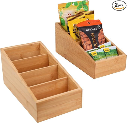 HTB 4-Section Snack Organizer with Removable Dividers for Kitchen, Cabinet, Office, Countertop, 2 Pack Bamboo Pantry Storage Organization for Spice Packets, Seasoning Pouches, Coffee Pods