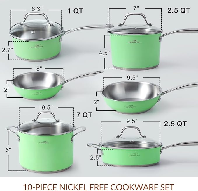 HOMICHEF 10-Piece Mint Green Nickel Free Stainless Steel Cookware Set - Nickel Free Stainless Steel Pots and Pans Set - Healthy Non-Toxic Induction Cookware Sets