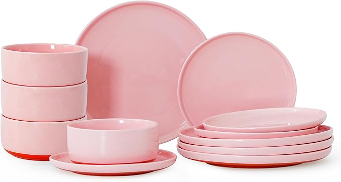 12 Piece Ceramic Dinnerware Set for 4, Modern Minimalist Stoneware Dinner Plates and Bowls, Microwave Safe, Dishwasher Safe, Versatile for All Seasons, Pink
