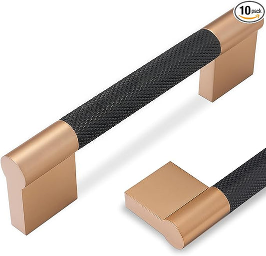 10 Pack 3-3/4 inch(96mm) Black and Champagne Copper Kitchen Cabinet Handles Knurled Cabinet Pulls Black Drawer Pulls
