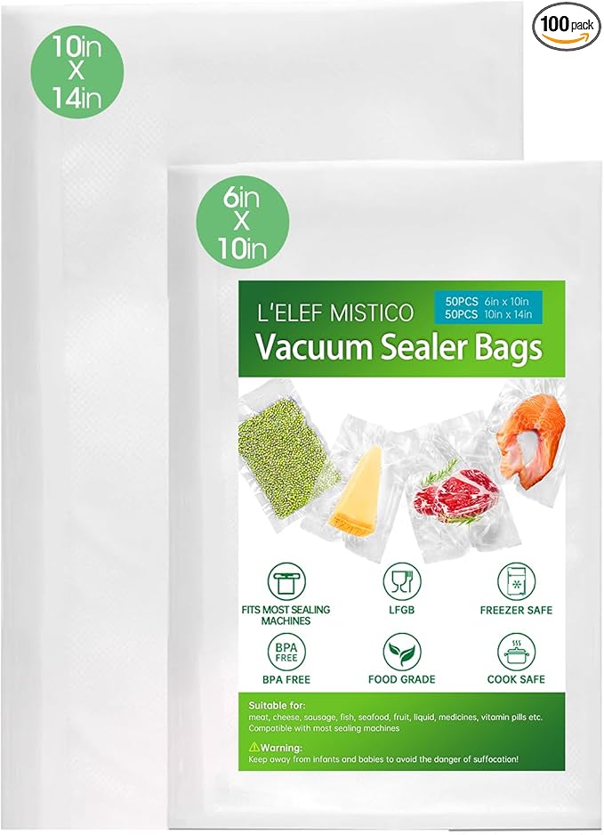 L'ELEF MISTICO Vacuum Sealer Bags, Pre-cut 50 Count 10" x 14" & 50 Count 6" x 10" Food Saver Bags with BPA Free, Heavy Duty, Sous Vide and Meal Prep