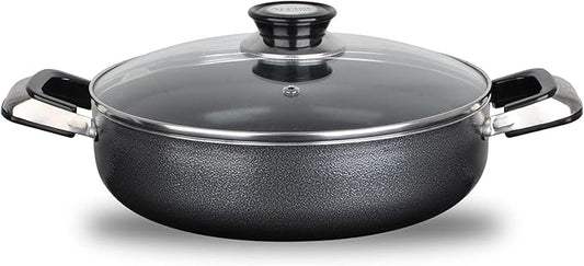 Alpine Cuisine 3.2 Quart Non-stick Caldero Stock Pot with Tempered Glass Lid and Carrying Handles, Multi-Purpose Cookware Aluminum Low Pot Dutch Oven for Braising, Boiling, Stewing