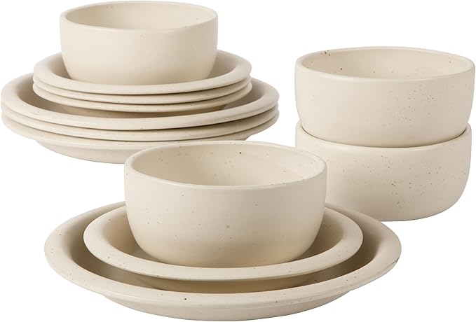 Bloomhouse - Two Time Oprah's Favorite Things Winner - Corsica Clay 12 Piece Stoneware Rustic Reactive Glaze Dinnerware Set - Stackable Plates and Bowls Set. Service for 4 - Matte Sea Salt White