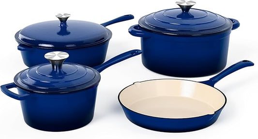 MAISON ARTS Enamel Cast Iron 7 Piece Cookware Set, Dutch Oven Pot with Lid, Blue Non Stick Pots and Pans set, Oven Safe up to 500°F