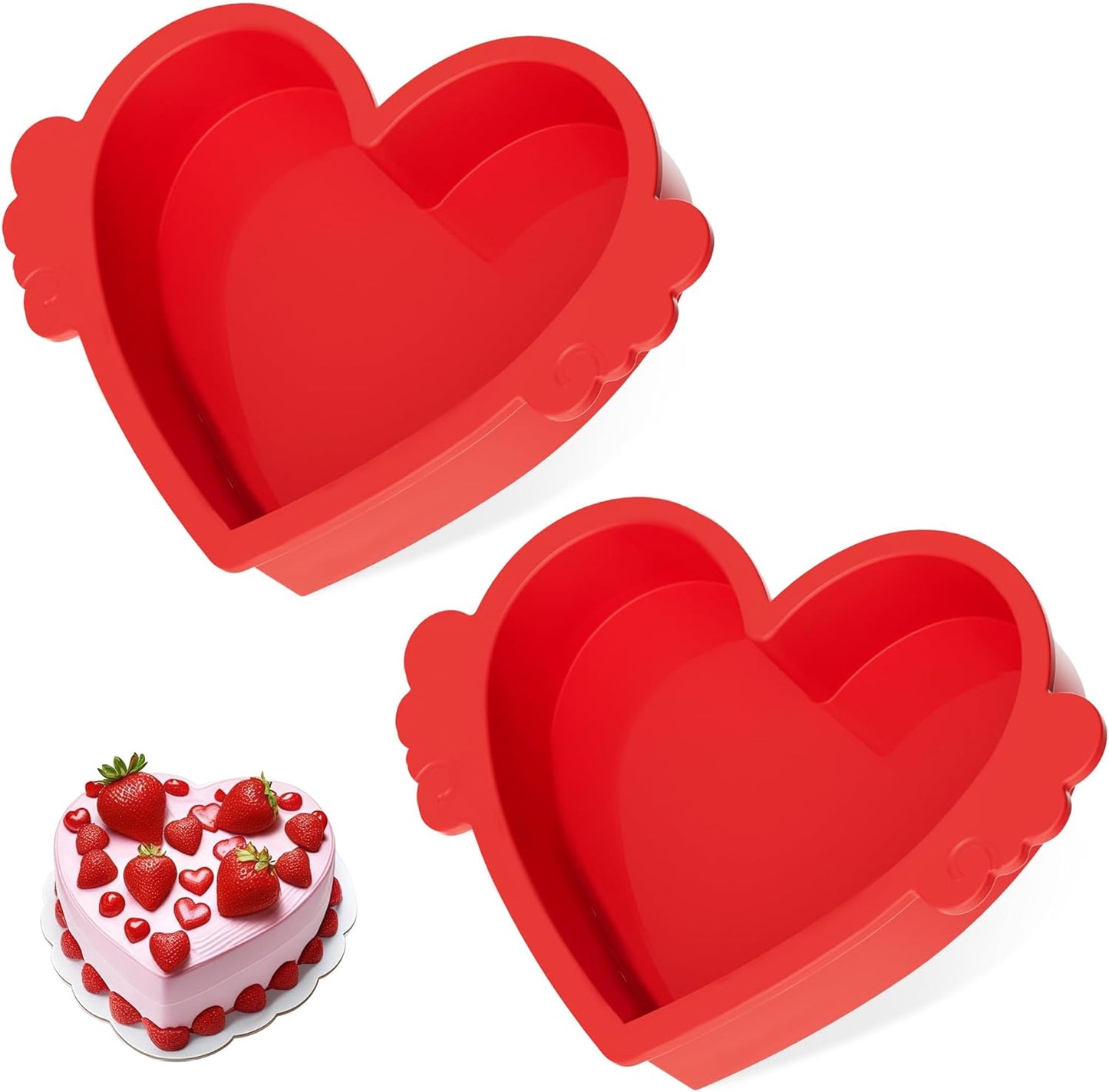 8 Inch Heart Shaped Cake Pans with Metal Reinforced Frame Silicone Heart Cake Pan Nonstick Silicone Molds for Baking Set of 2 (Red)