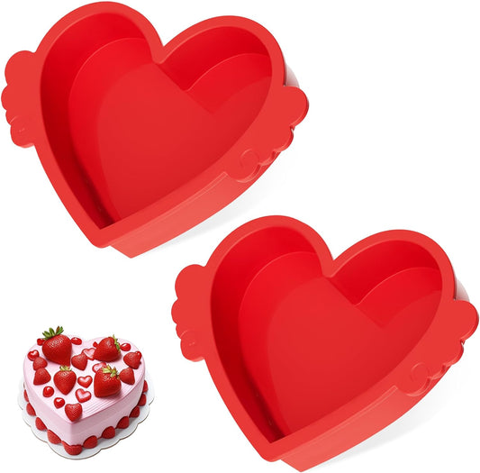 8 Inch Heart Shaped Cake Pans with Metal Reinforced Frame Silicone Heart Cake Pan Nonstick Silicone Molds for Baking Set of 2 (Red)