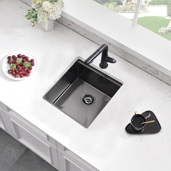 Black Undermount Bar Sink, 12 x 15 Inch Black Stainless Steel Undermount Small Basin Wet Bar Single Bowl RV Kitchen Sink with Cutting Board