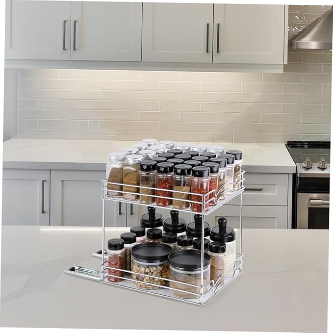 Healifty Heavy Duty Double Pull Out Spice Organizer Rack Slide Out Kitchen Countertop Storage Stand Metal Construction Space-saving Seasoning Holder for Cabinet and Home Use