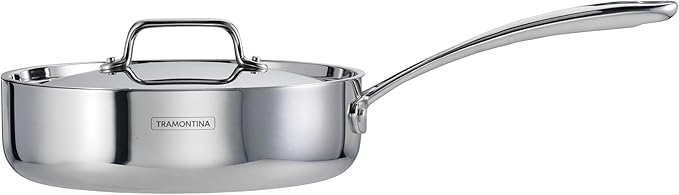 Tramontina Utsava Tri-Ply Clad Stainless Steel 2.9-Quart Saute Pan with Lid and Ceramic Non Stick Interior, Induction-Ready Cooking Pan