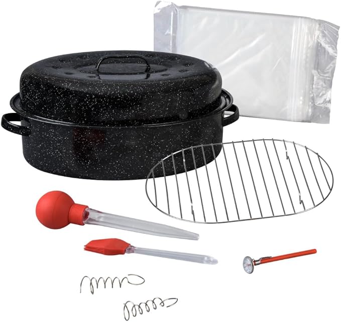 Granite Ware 19 in Oval Roaster Set (10pcs), includes Lid, Rack, 2 pack brining bags, oven/grill-safe meat Thermometer, Turkey Baster with silicone bulb, and a small brush.