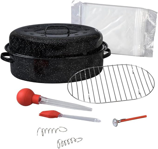 Granite Ware 19 in Oval Roaster Set (10pcs), includes Lid, Rack, 2 pack brining bags, oven/grill-safe meat Thermometer, Turkey Baster with silicone bulb, and a small brush.
