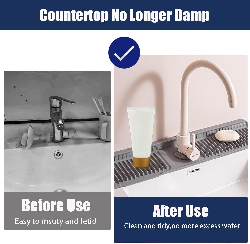 24" Silicone Faucet Mat for Kitchen Sink,Folding Sink Splash Guard Behind Faucet,Fasten Button & 6° Slope Design Faucet Drain Mat for Kitchen and Bathroom,Faucet Draining Mat(Gray）