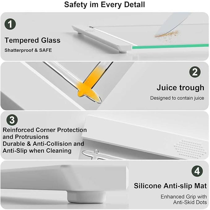 Tempered Glass Cutting Board with Juice Groove - 16x12 Inch Kitchen Cutting Board with Silicone Non-Slip Feet, Easy to Clean & Dishwasher Safe - Ideal for Vegetables, Fruits, Bread, Meats (White)